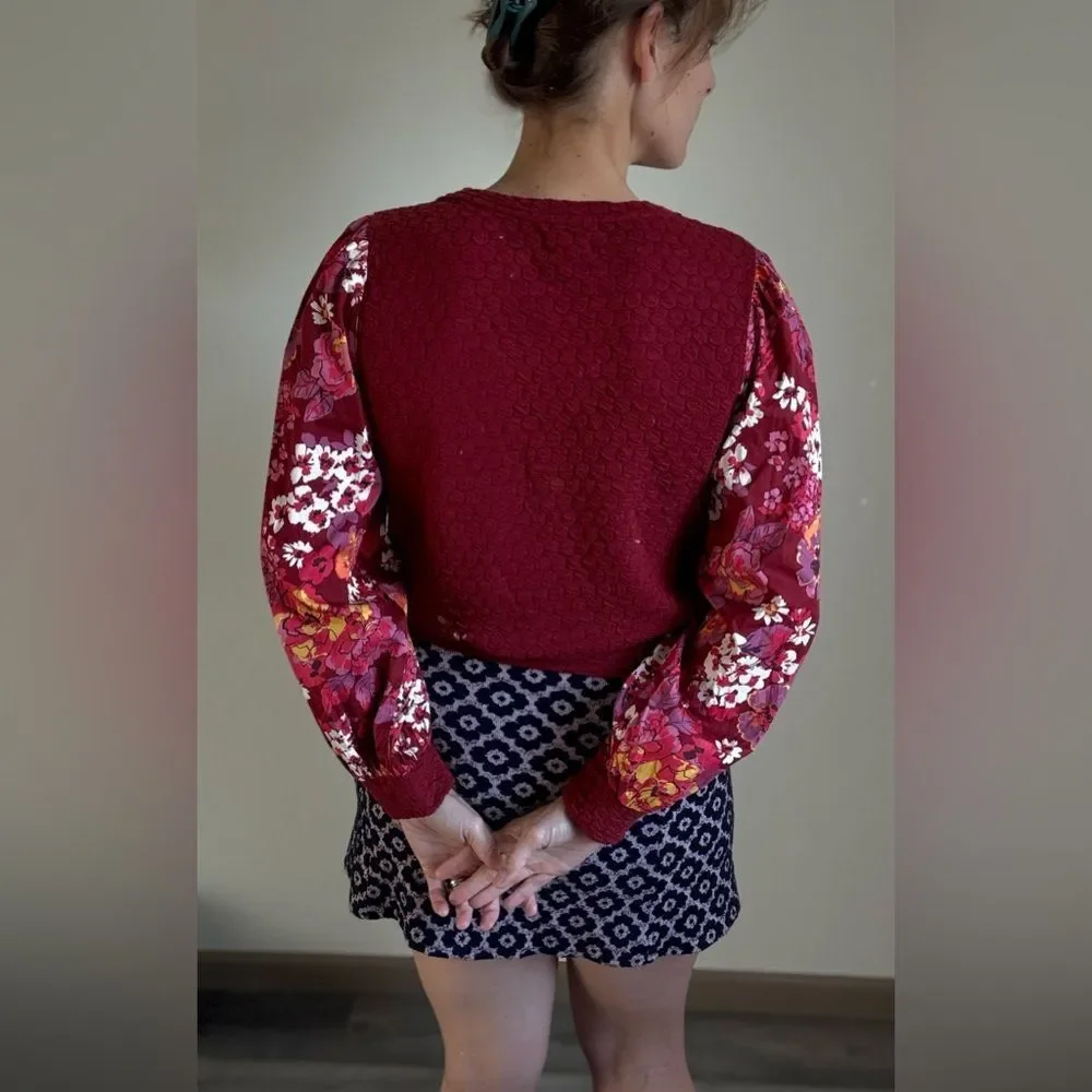Anthropologie Porridge Textured Top Floral Sleeves Maroon Wine XS Oversized